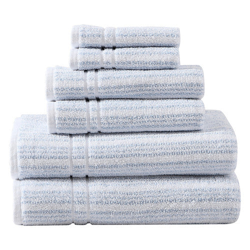 A luxurious decorative towel, Laura Ashley Sienna features a delicate woven stripe in soft spa blue and white. These towels are medium weight and high quality yarn dyed for color-fastness.