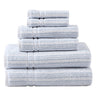 A luxurious decorative towel, Laura Ashley Sienna features a delicate woven stripe in soft spa blue and white. These towels are medium weight and high quality yarn dyed for color-fastness.