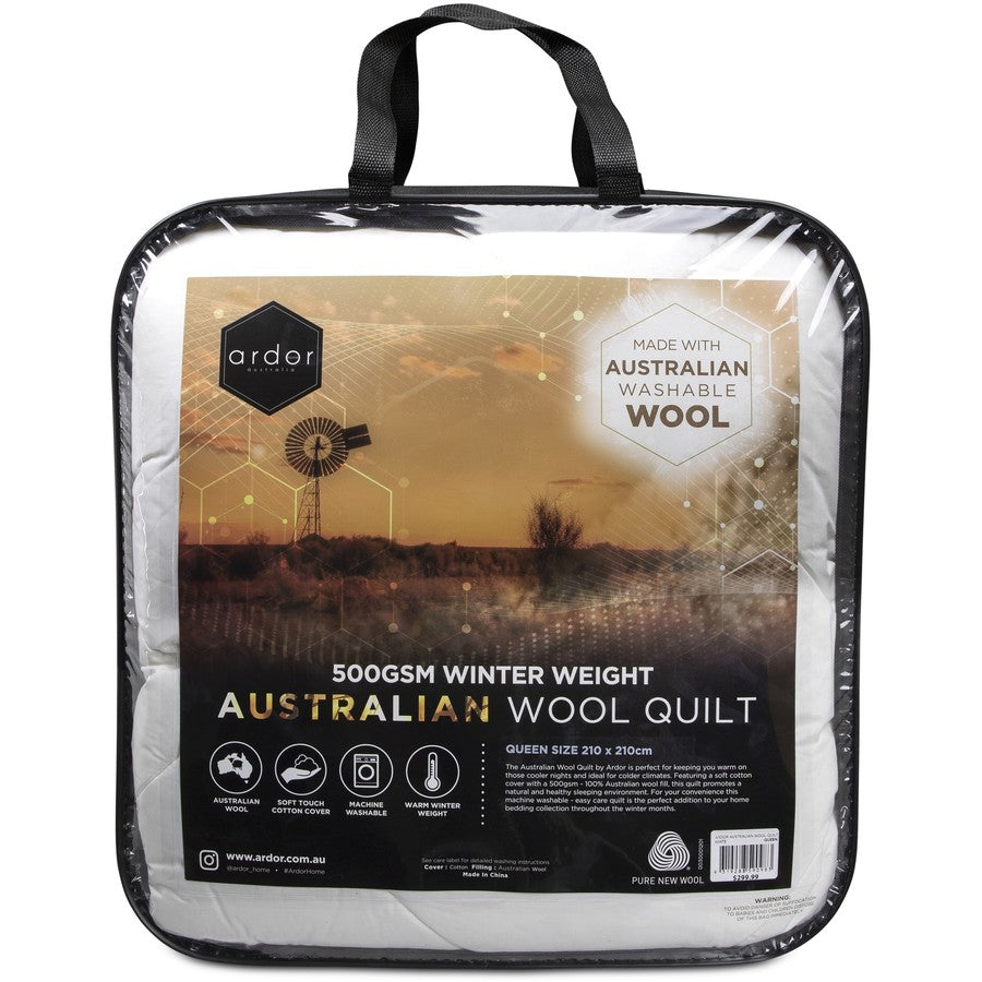 The Australian Wool Quilt by Ardor is perfect for keeping you warm on those cooler nights and ideal for colder climates. Featuring a soft cotton cover with a 500gsm – 100% Australian wool fill, this quilt promotes a natural and healthy sleeping environment. For your convenience this machine washable – easy care quilt is the perfect addition to your home bedding collection throughout the winter months.