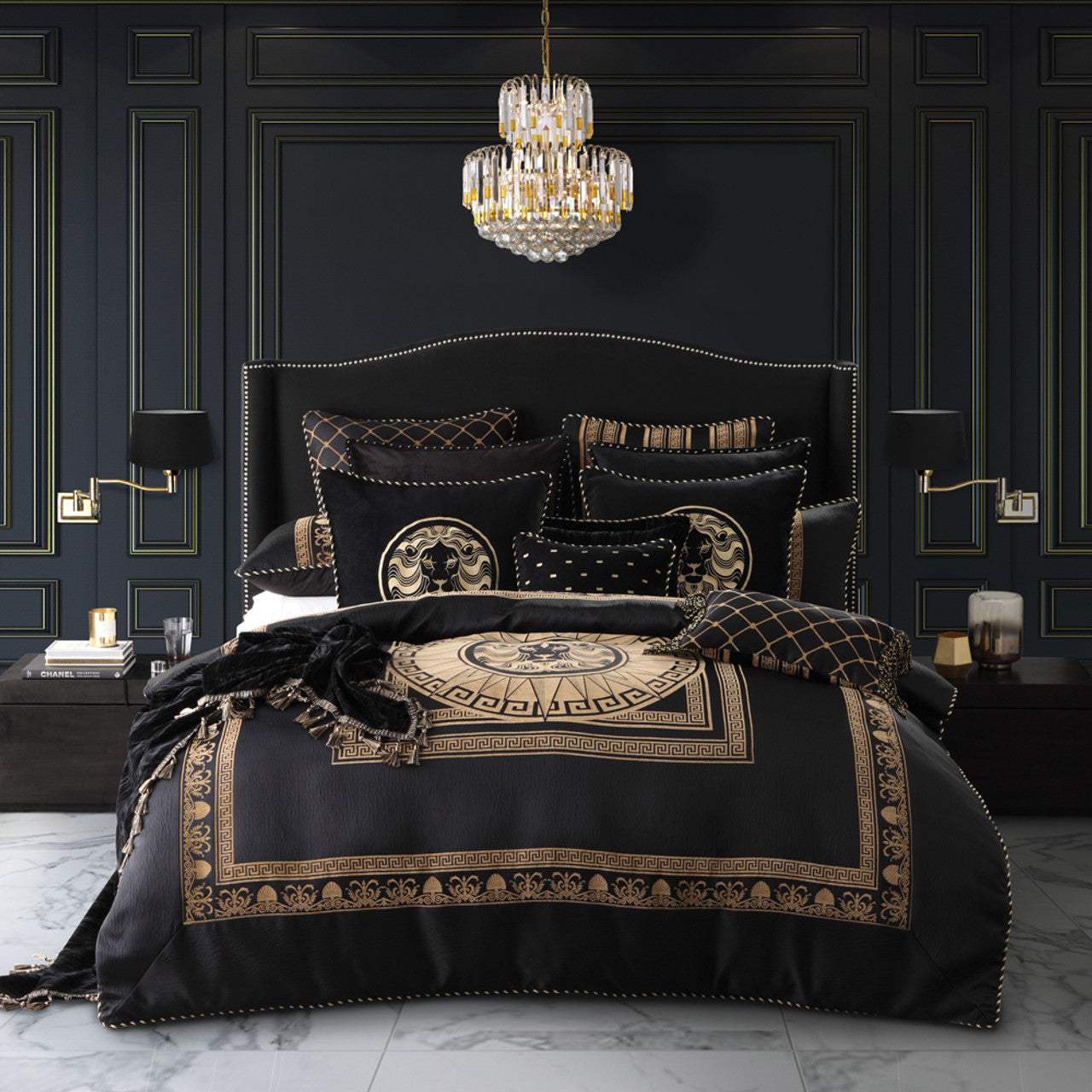 Elevate your bedroom with the captivating style of the Massimo Black Bed Quilt Cover Set.