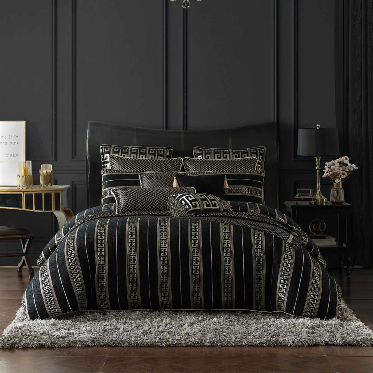 Introduce a touch of drama to your bedroom with the Davinci Mateo Gold Bed Quilt Cover Set. This exquisite ensemble commands attention with its bold stripes in black and gold, skillfully woven into softly textured chenille fabric.