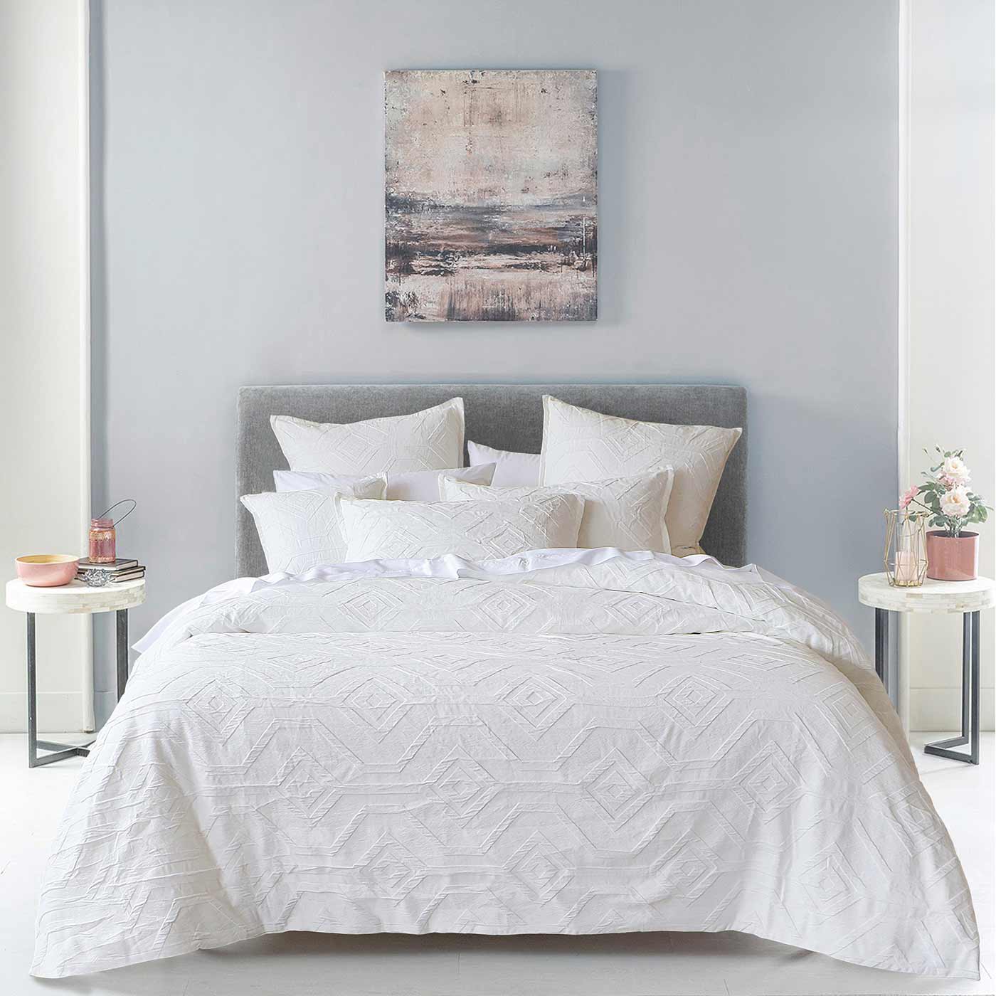 Dress up your bedroom with Kora. An easy-care jacquard fabric with a raised diamond design. An elegantly styled quilt cover that will add flair to your sanctuary. The quilt cover, european pillowcases and cushion all feature a tailored edge to complete the opulent look.