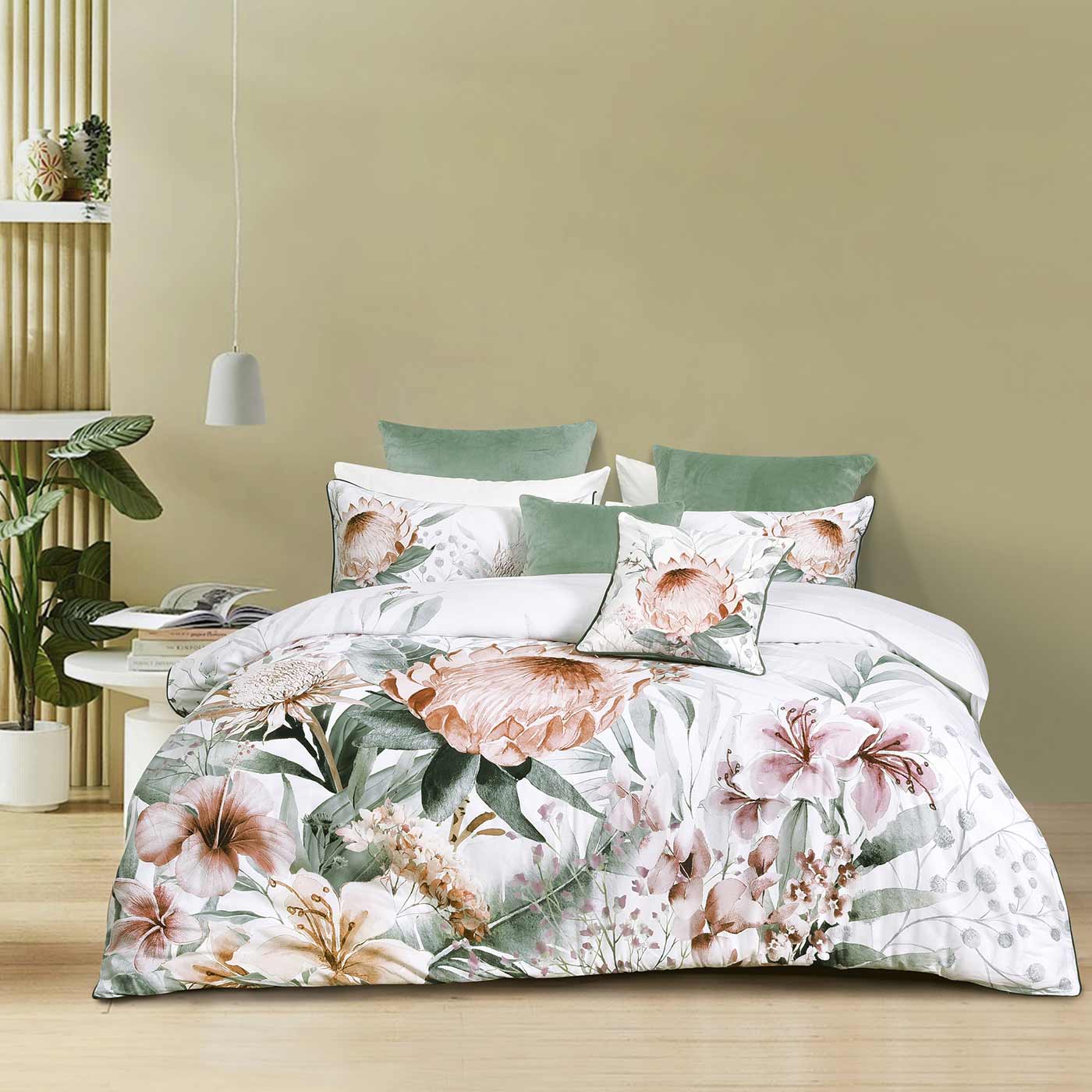 A botanical design featuring a breathtaking large protea in the centre of the bed. On trend eucalyptus tones married with natural terracotta tones create a calm and relaxed environment.
