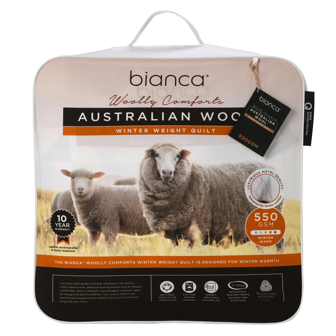 The Bianca 550gsm winter weight quilt is made from fine wool mark accredited Australian wool and encased in a 300 thread count cotton japara cover. This quilt features a diamond quilting pattern with an elegant cuffed edge.