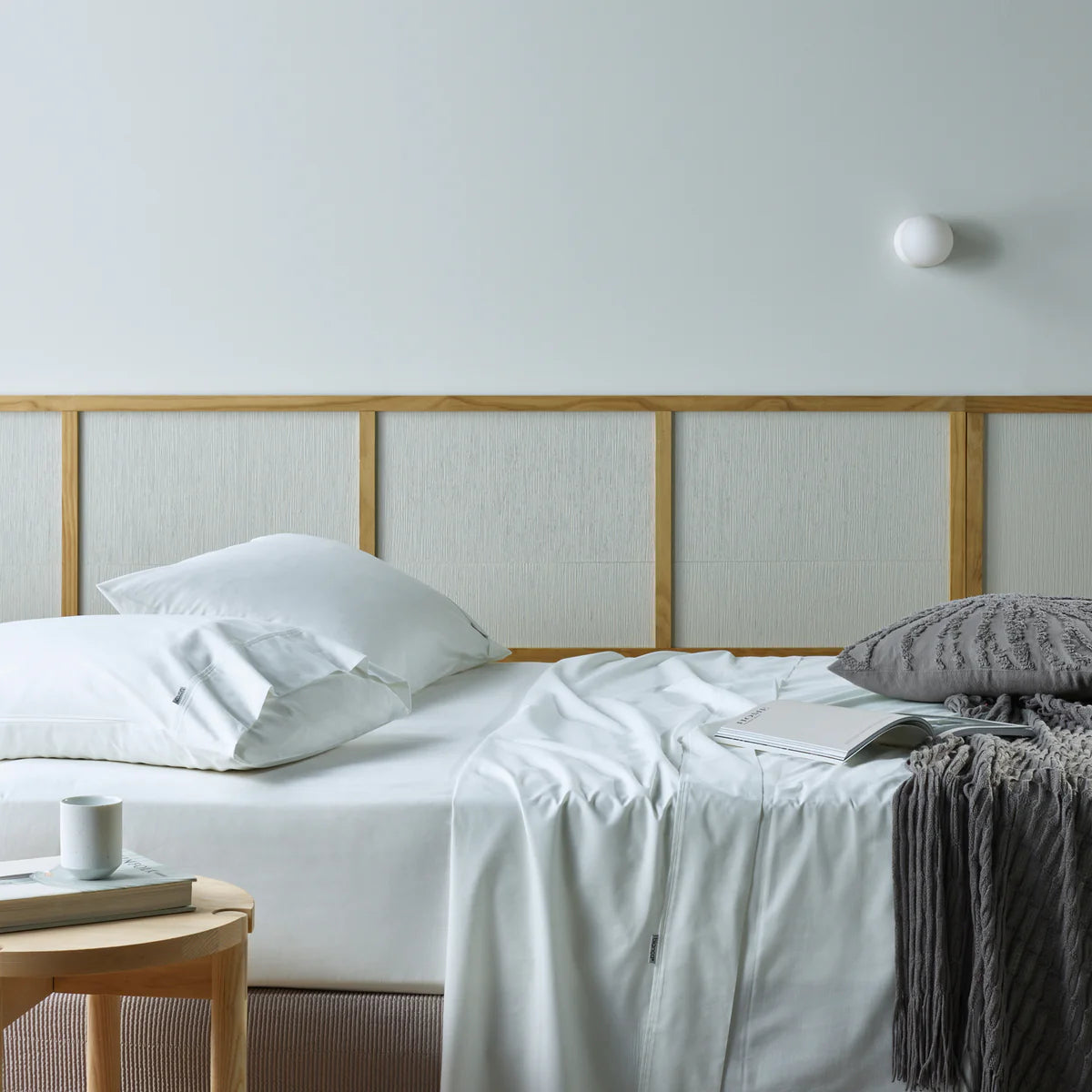 Our sustainable and natural recycled cotton/bamboo sheet sheets are woven in an easy-care percale weave fabric. The natural properties of cotton and bamboo control moisture and regulate body temperature to ensure a beautiful night's sleep. Cuffed and piped these sheets are super soft, smooth and durable. The fitted sheet has a wall depth of 40cm which will fit most mattresses.