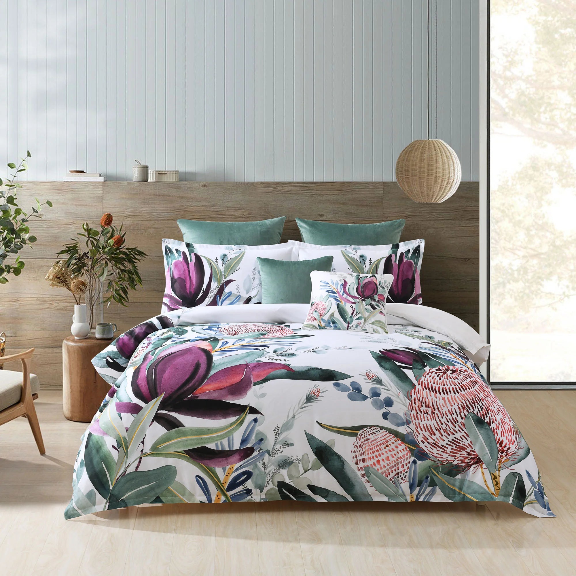 A beautiful arrangement of Protea flowers is positioned perfectly over the bed. This on trend design has been exclusively hand painted by one of our Australian designers. Printed on soft cotton sateen fabric and finished with a tailored edge to enhance the overall look of this design.