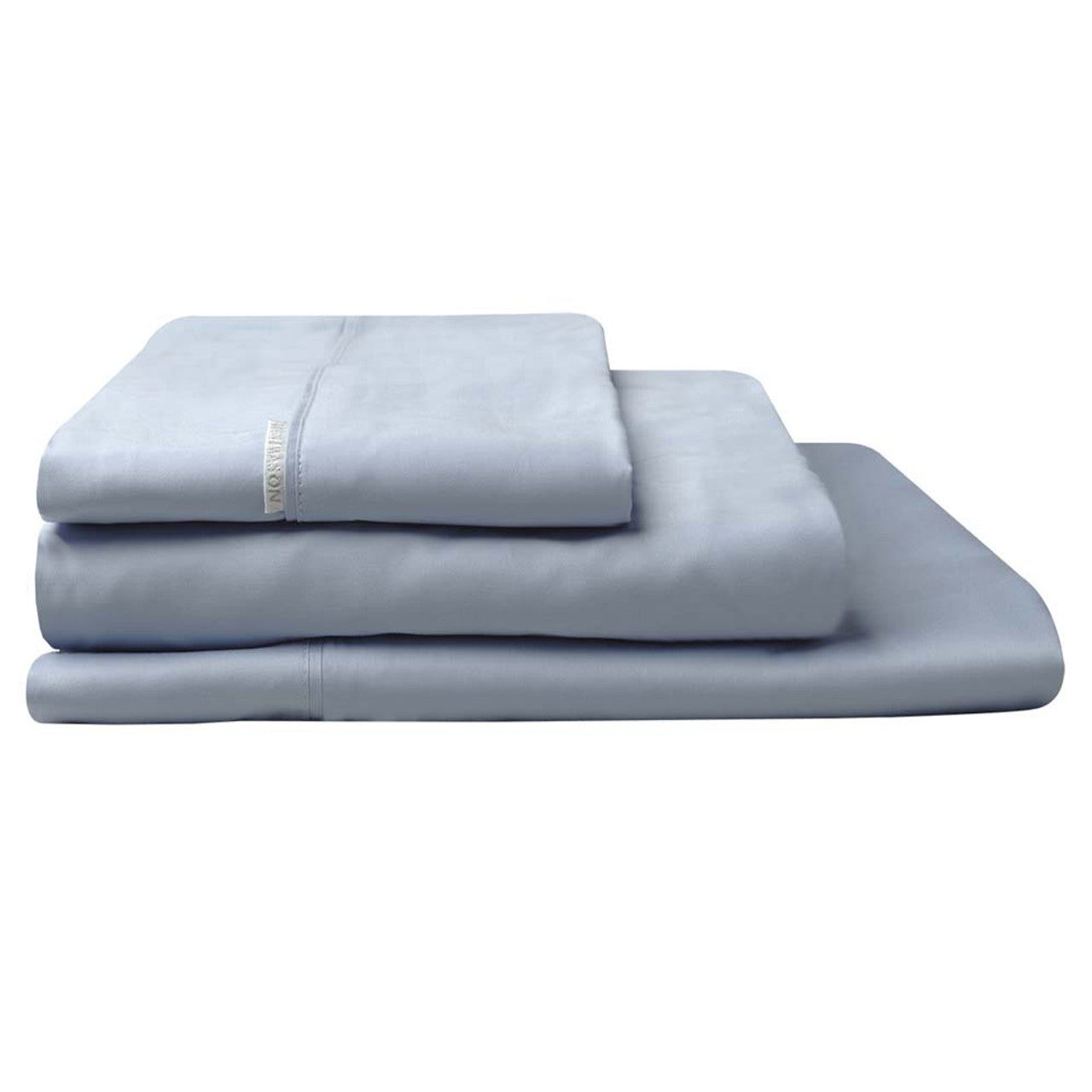 The Logan and Mason 300TC Cotton Percale Denim Bed Sheet Set is made from cotton, known for its natural breathability. 