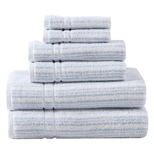 A luxurious decorative towel, Laura Ashley Sienna features a delicate woven stripe in soft spa blue and white. These towels are medium weight and high quality yarn dyed for color-fastness. 