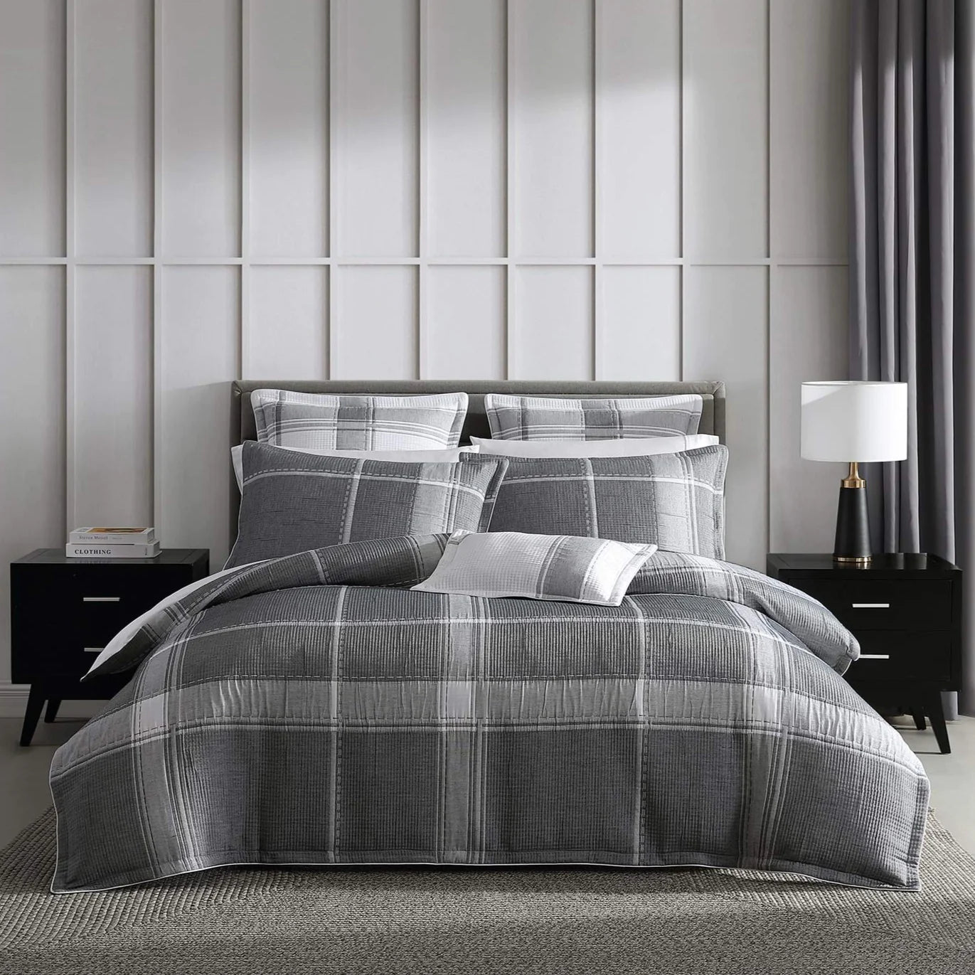 Cannon Charcoal is the perfect compromise between patterns and plains. This dextrous design features an all-over check pattern of such subtlety, it emanates the chic sophistication of a neutral palette. The soft matelasse cover is finished with self-flanged edges, piped in white.
