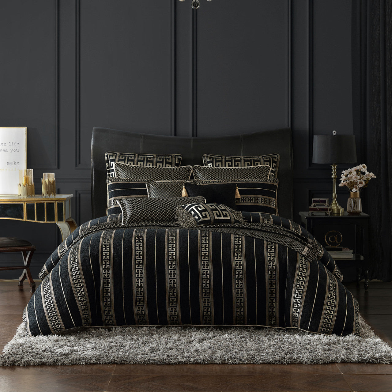 Introduce a touch of drama to your bedroom with the Davinci Mateo Gold Bed Quilt Cover Set. This exquisite ensemble commands attention with its bold stripes in black and gold, skillfully woven into softly textured chenille fabric. 