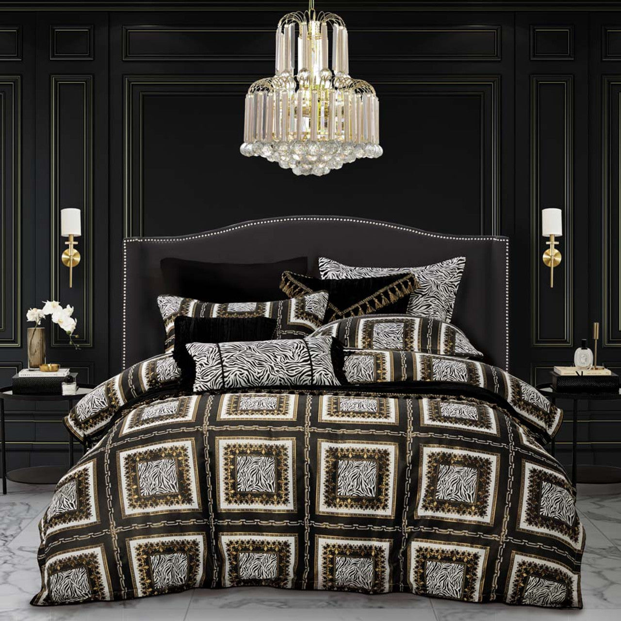 Drawing inspiration from Europe's fashion runways, the Davinci Piazza Gold Bed Quilt Cover Set is a true statement of style. This captivating ensemble combines classic Baroque elements with an unexpected twist of exotic zebra print, resulting in a contemporary and eclectic design.