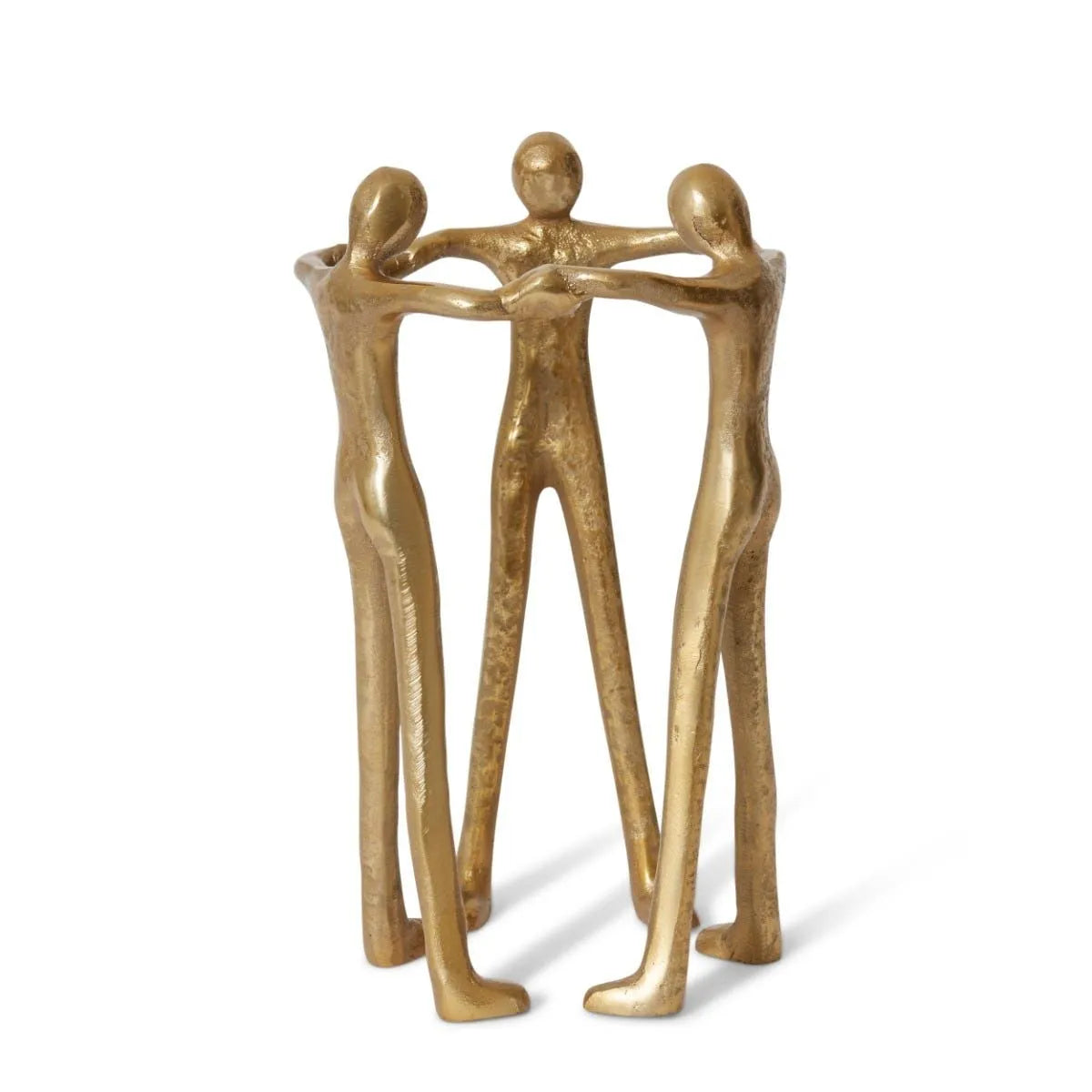 Our Friendship Sculpture Gold adds a truly special touch to any living space. Carefully crafted with high-quality gold aluminum, this unique design features three figures standing tall, their hands intertwined to create a perfect circle. Add sophistication and interest to your home with this captivating piece.