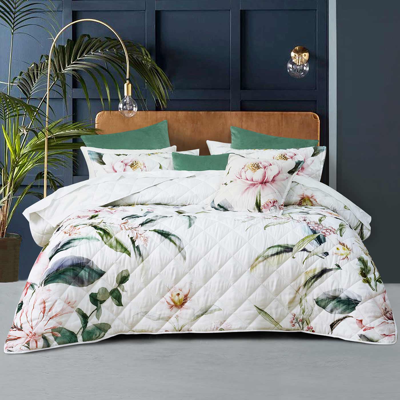 A stunning floral arrangement in feminine blush, green and teal colourings are perfectly positioned over Indi. This pretty hand painted design has been exclusively designed by one of our Australian designers.