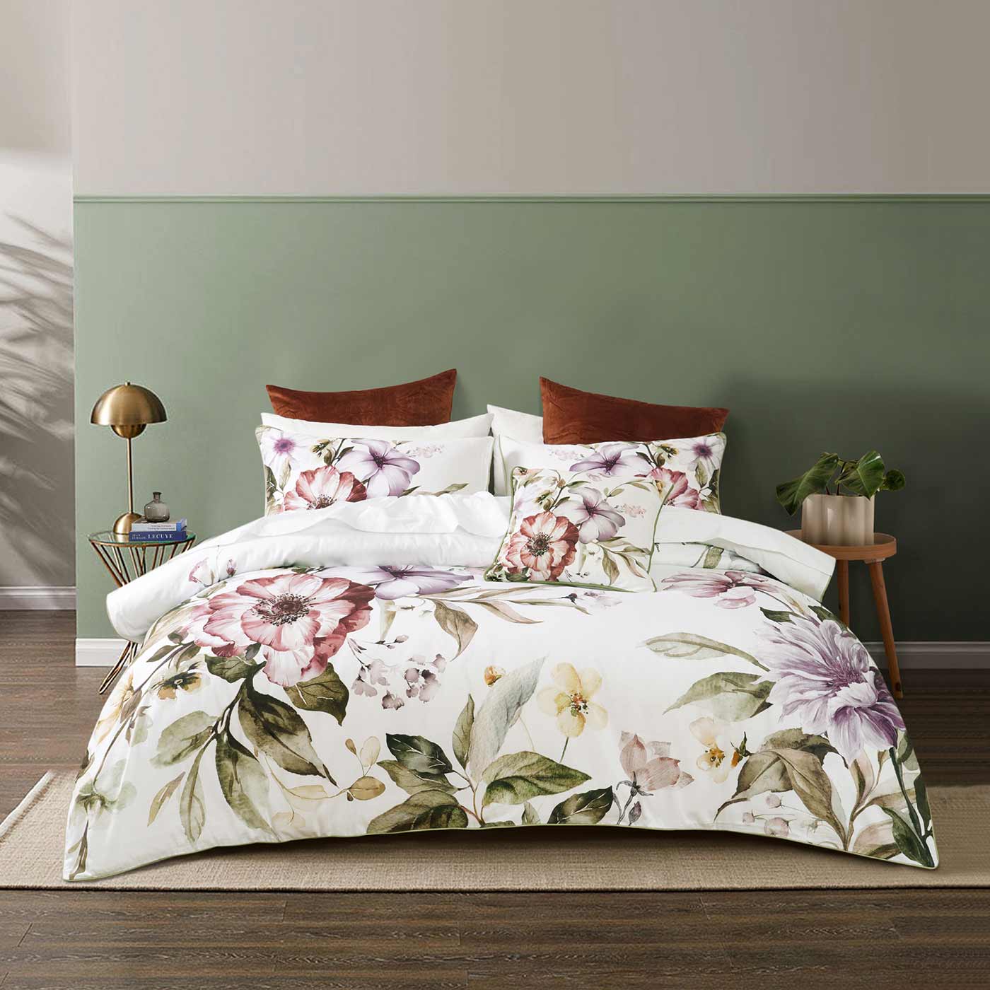 A beautiful free flowing floral design in tones of deep terracotta, mauve and green contrasted on a white background evoke a calming space. Printed on soft cotton sateen fabric and finished with a piped edge Minette is definitely a quilt cover for any home.