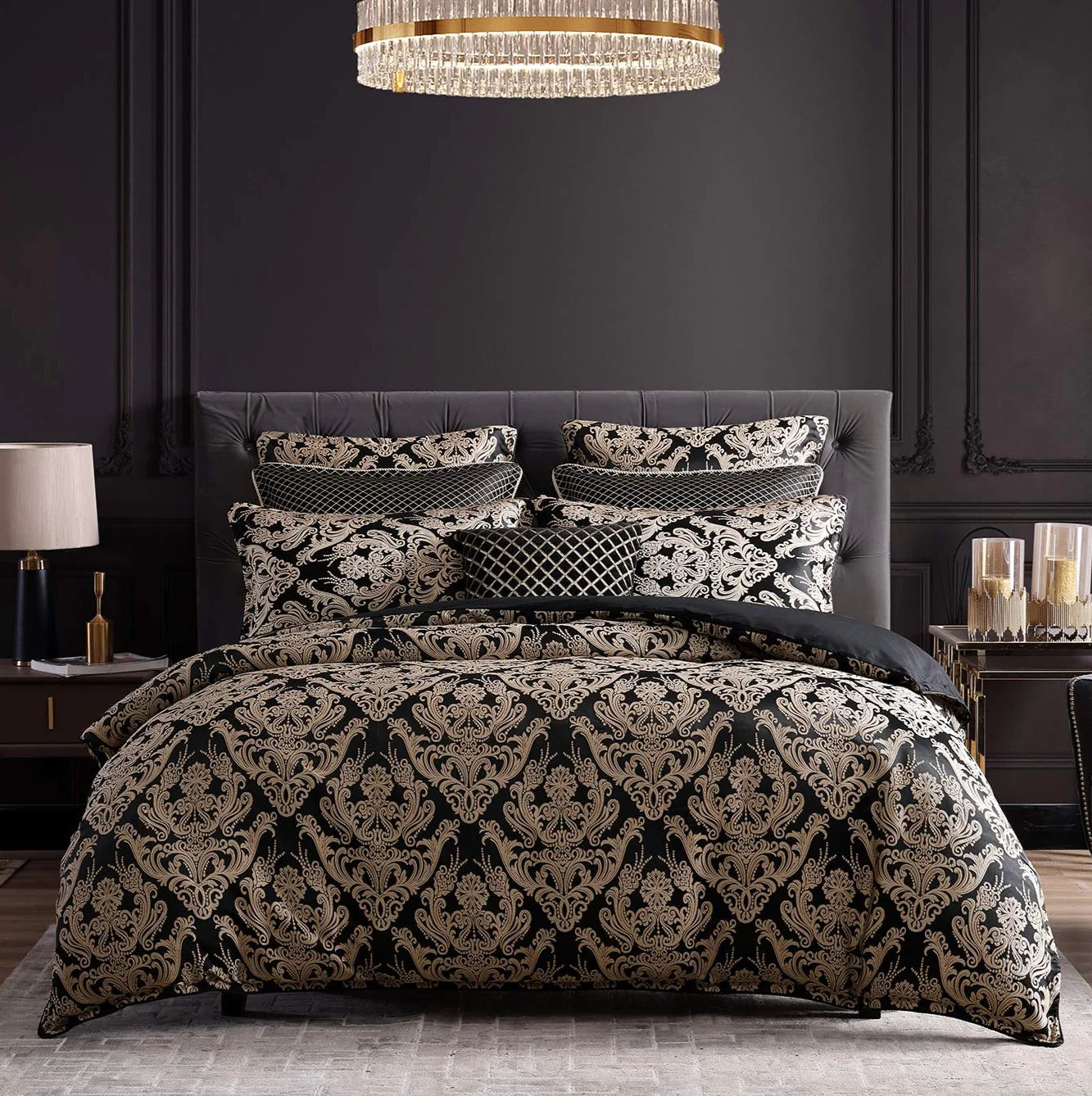 This striking ensemble design is embellished with captivating Italian-inspired motifs. Serving as the centerpiece of any master bedroom, Vercelli Noir is expertly crafted from a luxurious jacquard fabric in a stunning combination of black and gold.