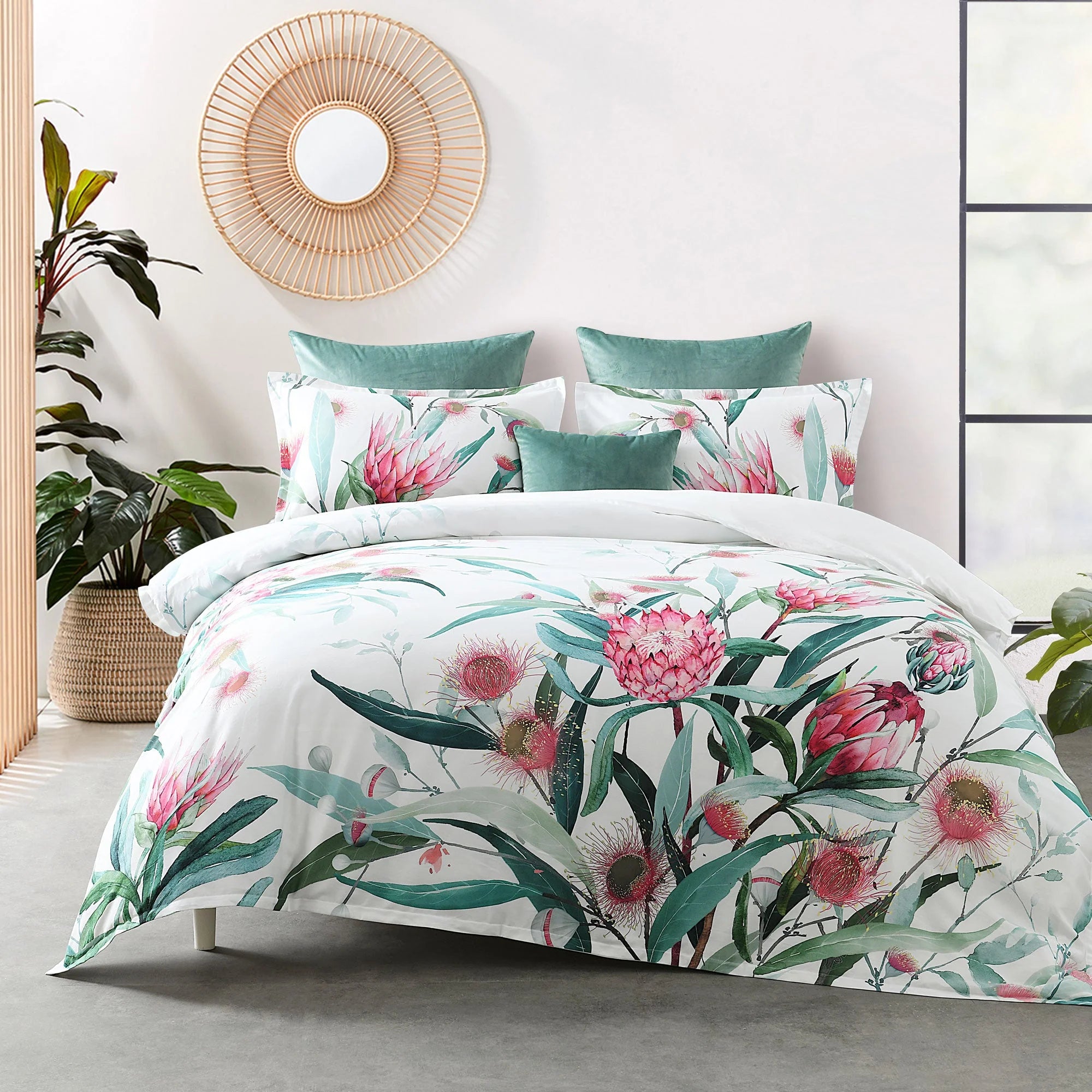 Delightful, blossoming pink waratahs contrast beautifully against the on trend neutral green tones of the leaves which spread across the entire quilt cover. Panel printed on soft cotton sateen fabric, Australiana will brighten up your space. Complete the look with our luxurious velvet accessories in sage.
